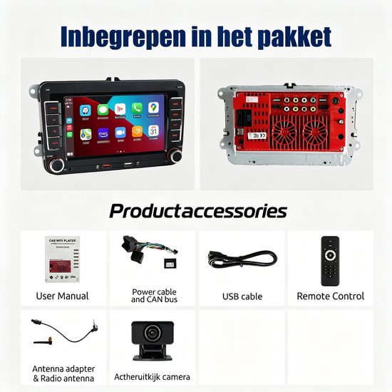 ESSGOO autoradio met Apple CarPlay en Android Auto, inclusief de meegeleverde accessoires: handleiding, kabels, camera en afstandsbediening.