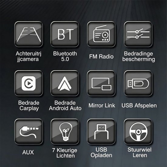 Overzicht van functies van de ESSGOO autoradio: achteruitrijcamera, Bluetooth 5.0, FM radio, bedradingsbeveiliging, CarPlay, Android Auto, Mirror Link, USB.