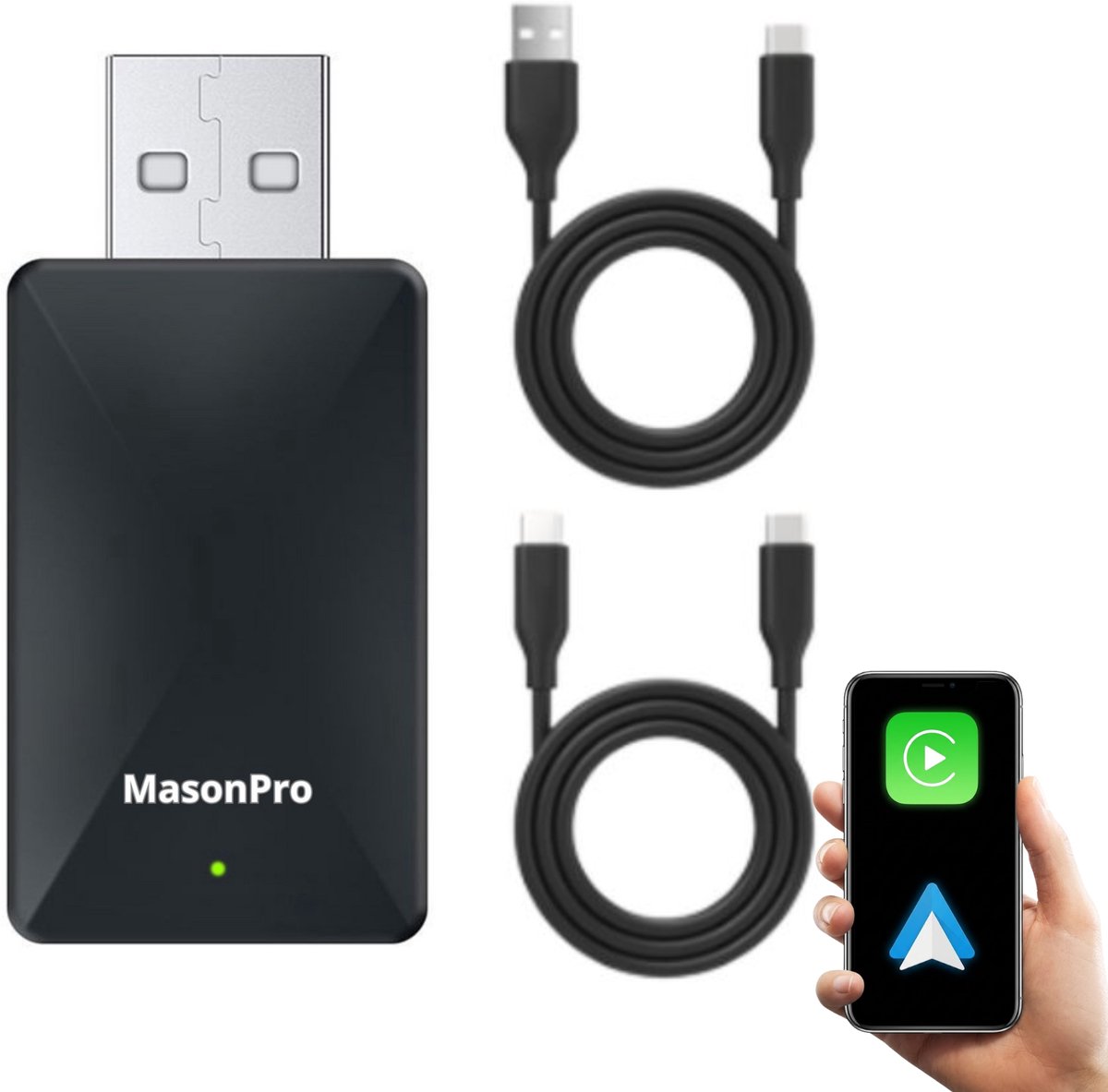 MasonPro 2-in-1 Dongle – Geschikt voor Apple Carplay & Android Auto – Navigatiesysteem – USB-C – Zwart