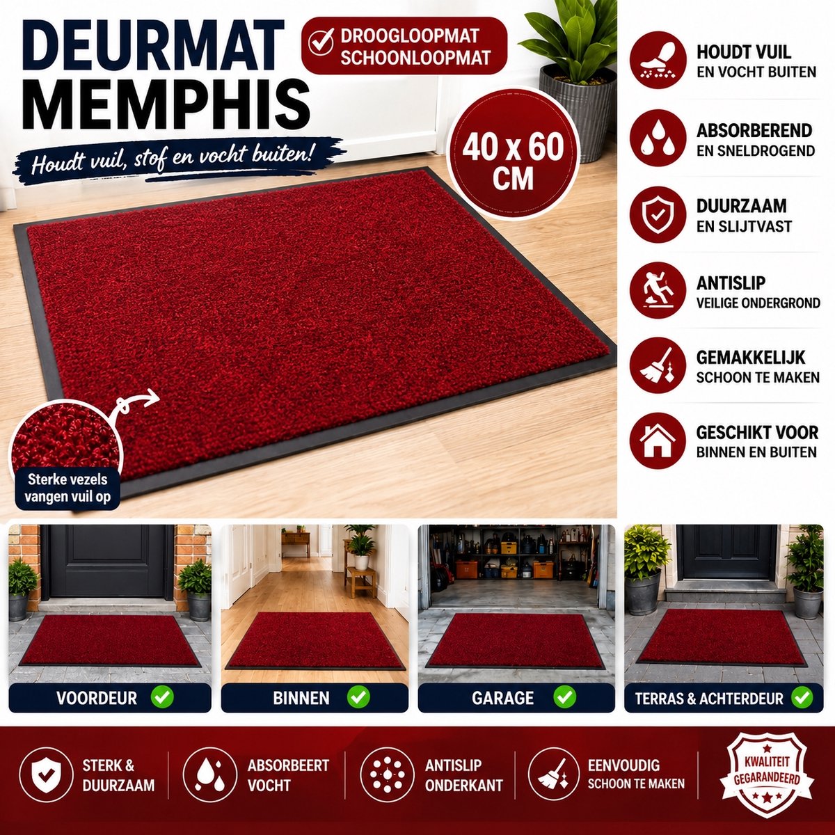 Wicotex - Deurmat - Droogloopmat Memphis Rood - Afmeting 40x60cm