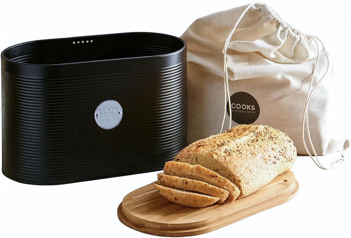 Broodtrommel met deksel - Broodbox keuken - Brood vers houden - Inclusief snijplank - 335 cm breed - Zwart