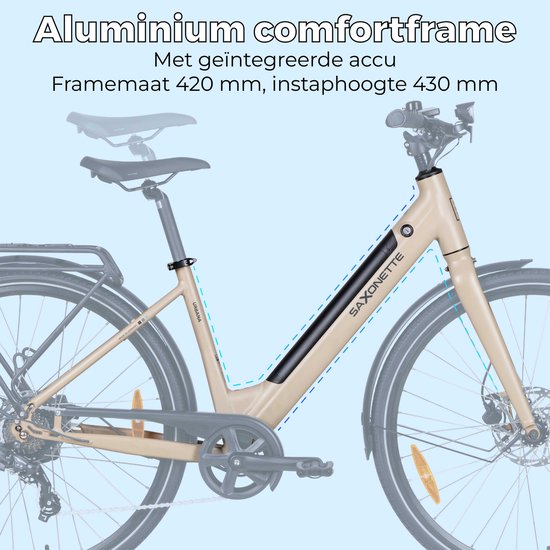 SAXXX Urbana elektrische stadsfiets - 28 inch - 250W achterwielmotor - 417Wh uitneembare lithiumaccu - tot 90 km actieradius - 95% voorgemonteerd - Shimano 7 versnellingen - TEKTRO hydraulische schijfremmen –lage instap aluminium frame –mat aardgeel van Saxxx — afbeelding 5