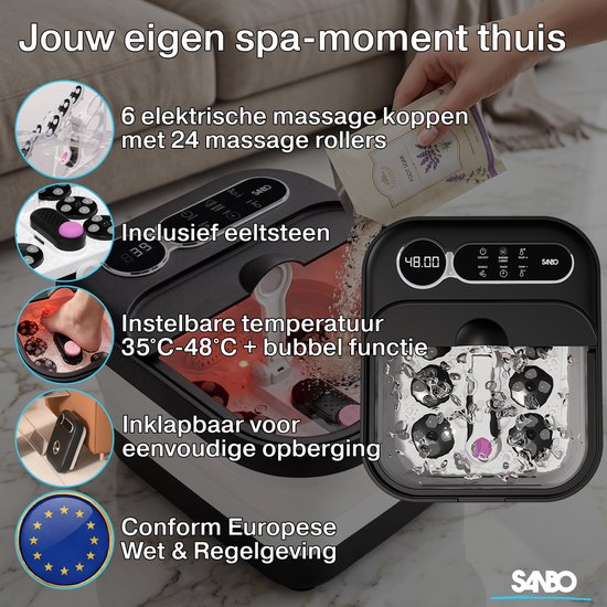 Sanbo Voetenbad - Elektrische Massage Rollers - Instelbare Temperatuur 35 tot 48 Graden - Voetmassage Apparaat - Voetbad Met Massage - Zwart