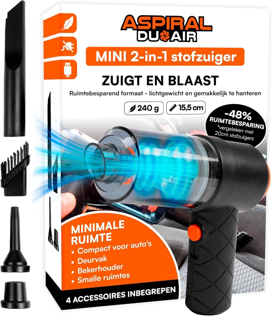 Draagbare Stofzuiger - Mini Blazer - Auto en Huis - 2-in-1 Functie - 14x155x55cm - Zwart