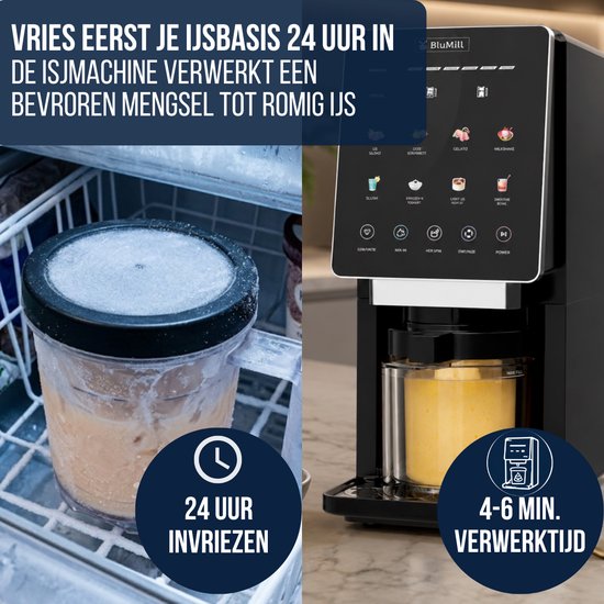 BluMill Ijsmachine - 8-in-1 Ijsmachine - Ijsmaker voor Roomijs, Gelato, Sorbet en Slushie - Vaatwasserbestendige Onderdelen - Touchscreen van Merkloos — afbeelding 2