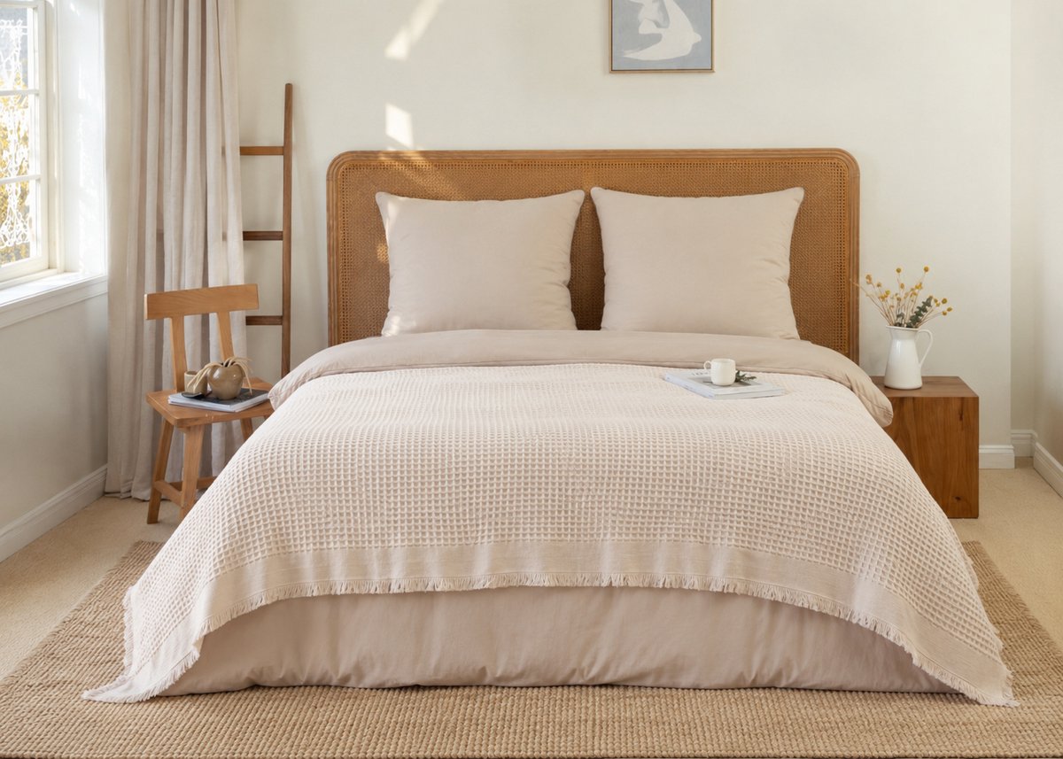 L&G - %100 Katoen Bedsprei 220 x 240 cm – Wafel Sprei - Plaid – quilt - WafelDeken - 2-Persoons Bedsprei - Optimus Naturel