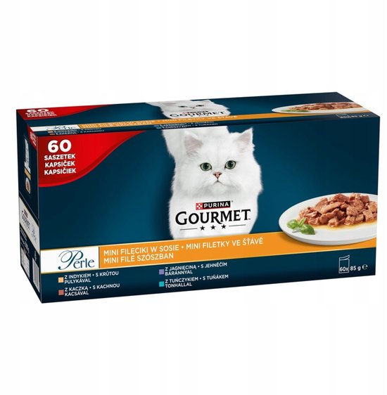 Purina Gourmet Perle verpakking met 60 zakjes kattenvoer in saus. Witte kat op de verpakking.
