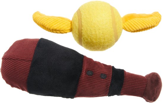 Een gele tennisbal met gele vleugels en een rood-zwarte pluizige knuppel, geïnspireerd op Quidditch.
