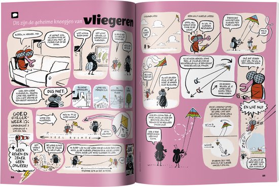 Twee pagina's uit Quest Junior over het maken van vliegers, met illustraties van insecten.