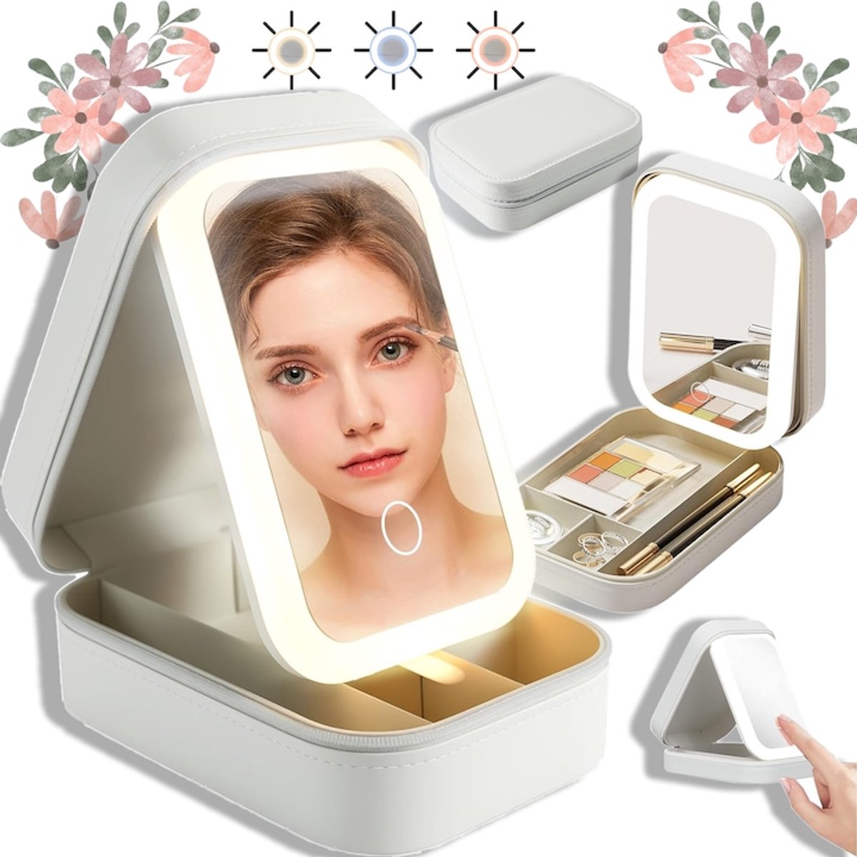 Make up tasje -Make up spiegel - TENZHVXI® - Met LED-verlichting en spiegel - Draagbaar - Leer - Waterdicht - Gemakkelijk mee te nemen op reis - USB-oplaadbaar - 1200 mAh - Driekleurig licht - 16,5*11,5*3,5 cm - Wit