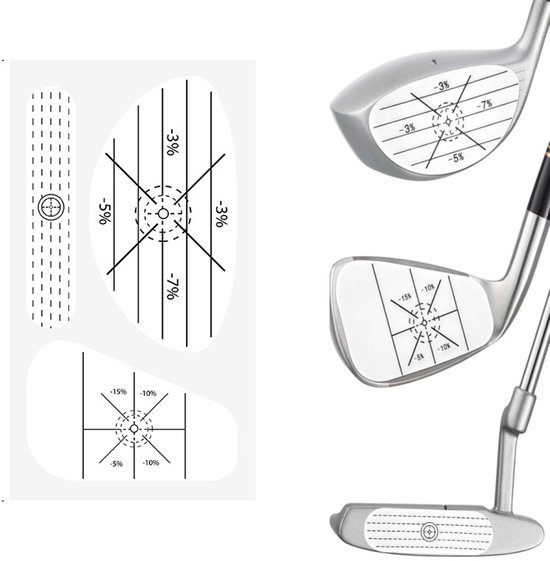 Golfclubs (driver, ijzer, putter) met slagstickers voor slagtraining.