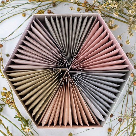 Bovenaanzicht van een zeshoekige theedoos gevuld met theezakjes in roze, beige en grijze tinten.