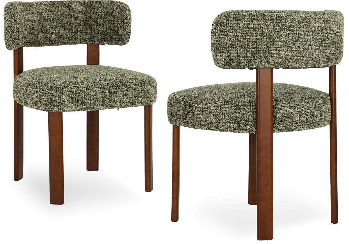 COLAMY Houten eetkamerstoelen - set van 2 - stoffen stoelen voor de eetkamer - open gebogen rugleuning - dik zitkussen - gestoffeerde keukenstoel - antislipzolen - Mosgroen