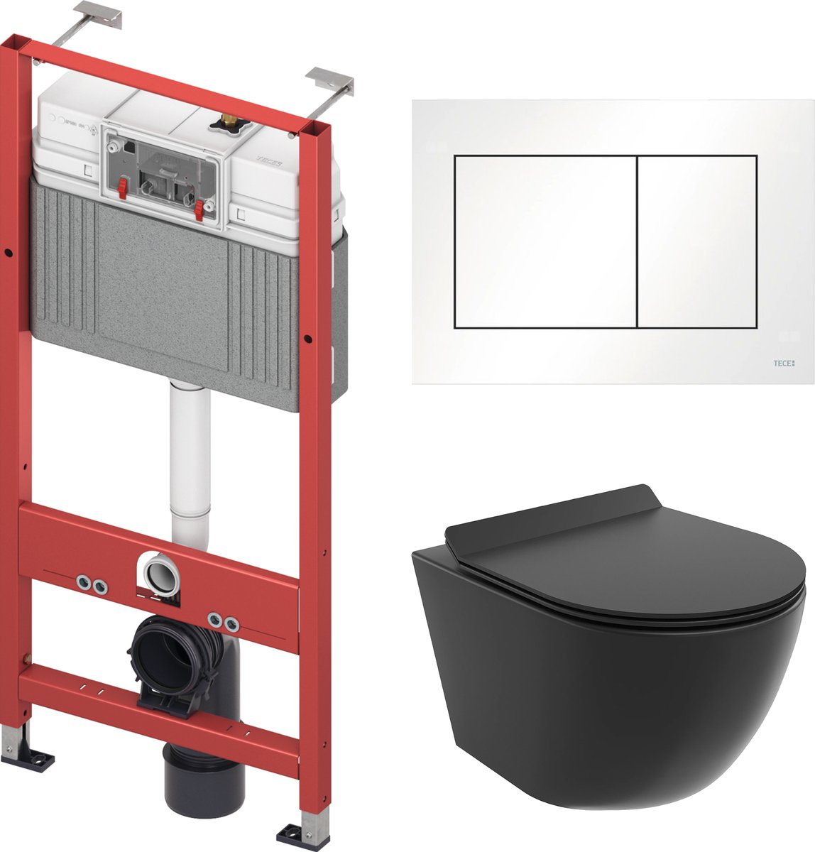 Badland Rolo toiletset - wandtoilet met TECEbase inbouwreservoir en bedieningsplaat wit - zwart, vierkante knoppen