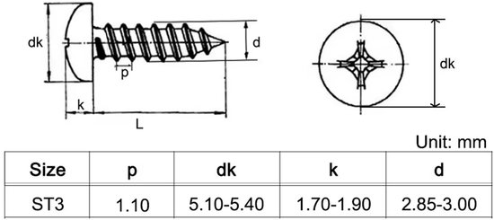 Technische tekening en maattabel voor schroef ST3, met afmetingen in mm