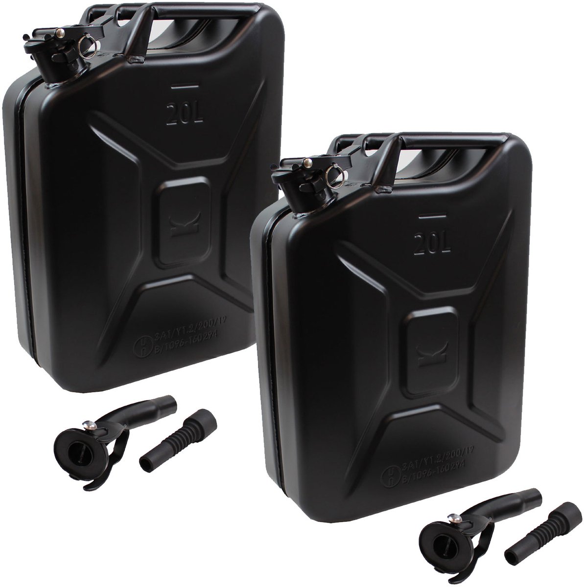 TRUTZHOLM 2x Metalen Jerrycan 20L Zwart - Met UN-Goedkeuring - Inclusief 2x Flexibele Schenktuit en Heavy-Duty Houder
