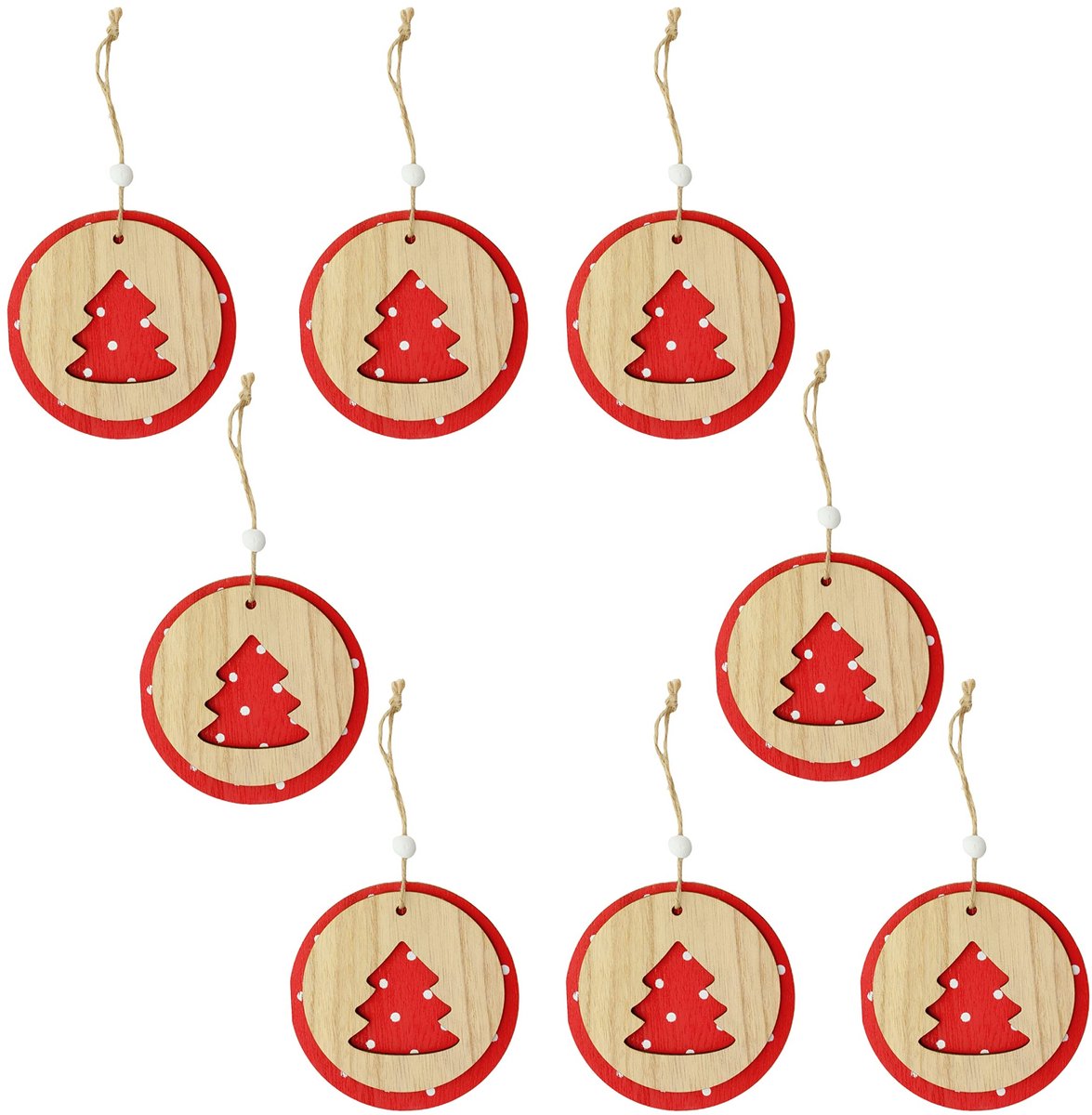 Dailygoods- Kersthangers Set van 8 - Houten Decoratieve Ornamenten - 3D-effect - Ø 9 cm - Jute Koord - Perfect voor Kerstdecoratie
