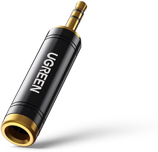 Zwarte Ugreen audio-adapter met gouden 6,35 mm vrouwelijke ingang en 3,5 mm mannelijke plug.