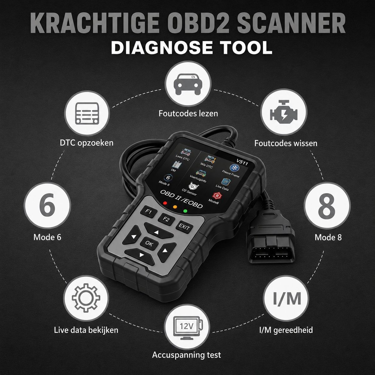 OBD2 Scanner – Auto Diagnoseapparaat – Foutcodes Lezen & Wissen – Check Engine Reset – Live Data – Smog Test (I/M Readiness) – Accuspanning Test – OBDII/EOBD thumbnail 4