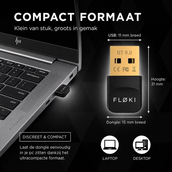 Floki® Bluetooth 6.0 Adapter - USB Bluetooth dongle voor PC- Plug & Play - Windows 7/8.1/10/11