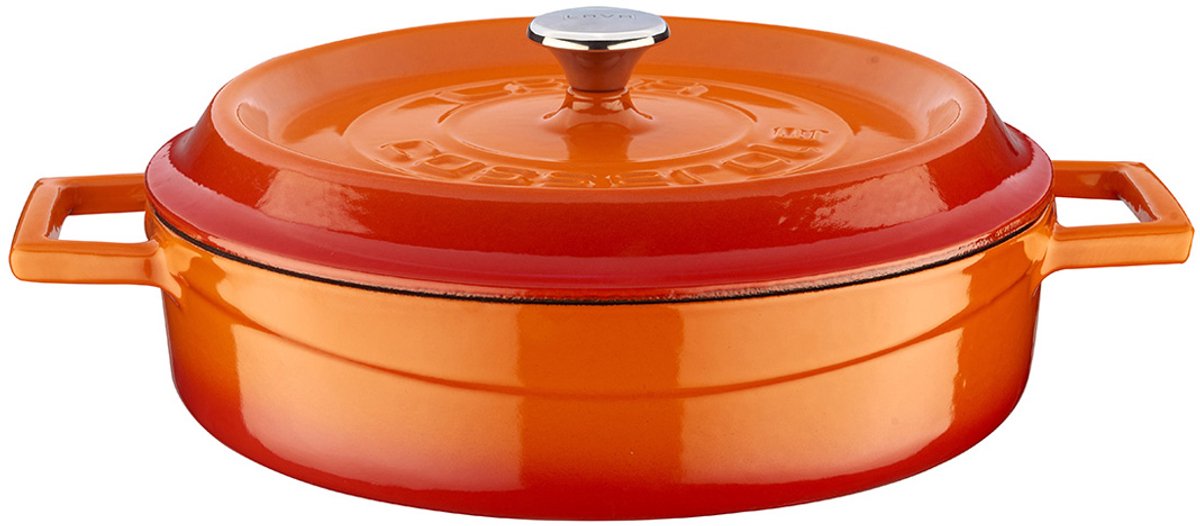 GietGietijzeren platte gietGietijzeren potten, 24 cm, inhoud 2,47 l, kleur oranje, eenvoudig te reinigen, functioneel en comfortabel ontwerp, cadeau-artikelen voor thuis, keukenaccessoires, heerlijk eten