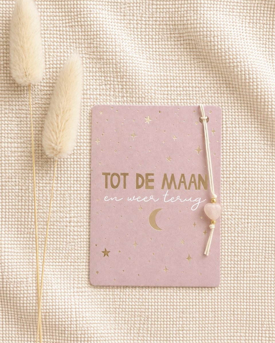 Edelsteenhangertje Rozekwarts met kaartje 'Tot de Maan en weer terug' - Liefdevol cadeautje - Edelstenen cadeau - Bijzonder cadeau | Liefde en vrienschap
