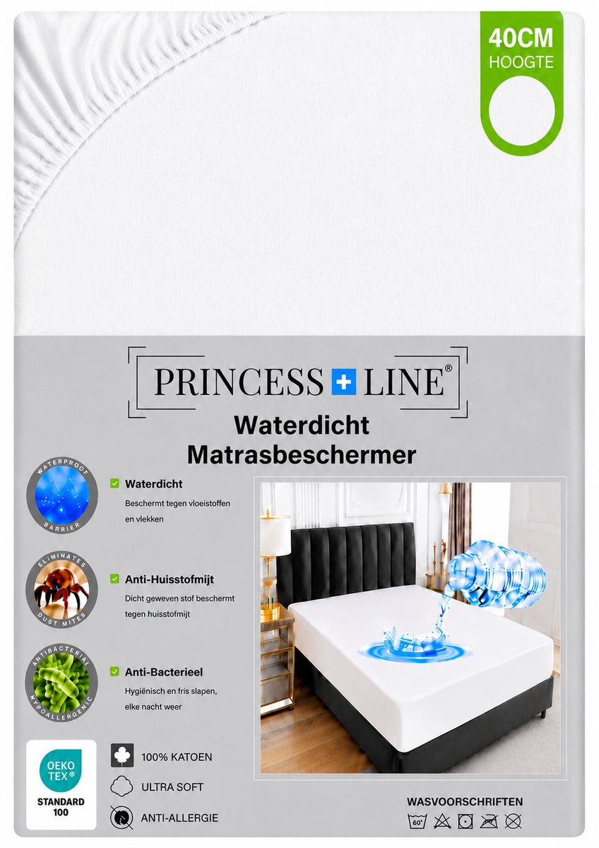Princess Line -Wasbare Waterdichte -Matrasbeschermer-Waterdicht Badstofhoeslaken- Incontinentie Matrashoes -Ademend -Antibacteriëel - Anti-allergie-190x220 cm- Rondom Elastiek-Matrashoogte tot 40cm-ook voor waterbed en boxspring