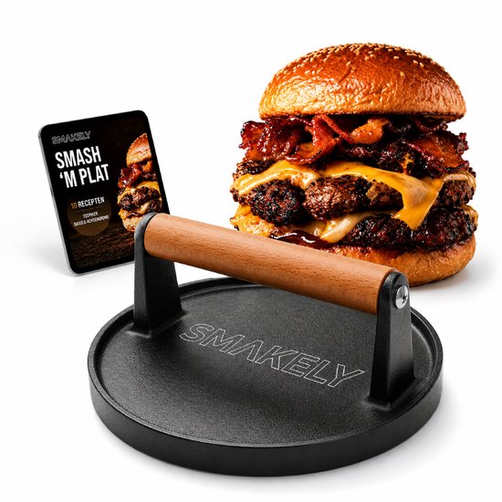 Smakely® Hamburgerpers XL - Inclusief gratis e-book - Gietijzer - Smash burger press - Met houten handvat - bbq accesoires - Burger pers - Smashburger tool - Grill pers - Hamburger maker - Voor BBQ en pan - Keukengerei