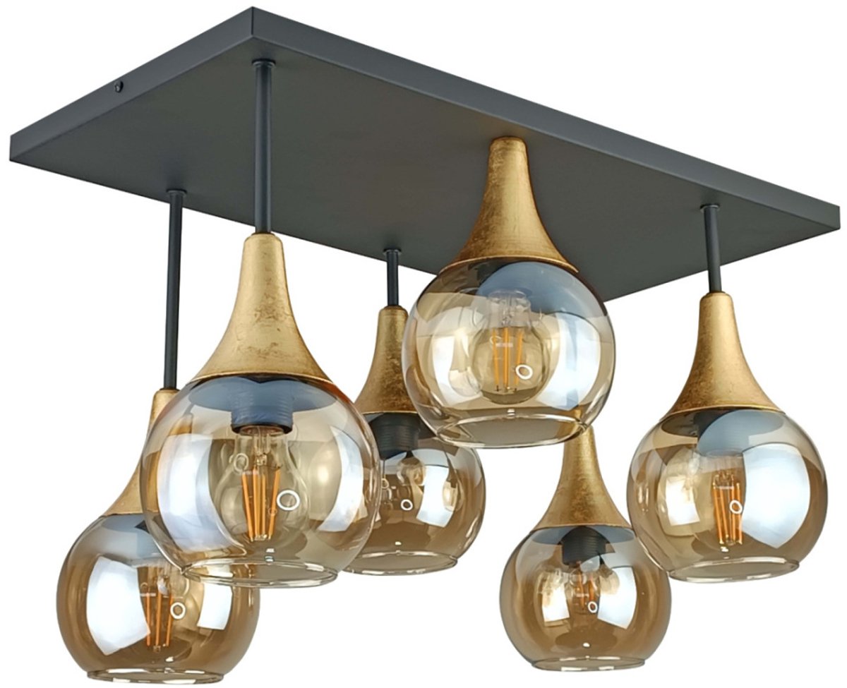 KETER LIGHTING Soma Gold Honey Plafondlamp 6xE27 – Zwart/Goud Metaal & Amber Glazen Lampenkappen