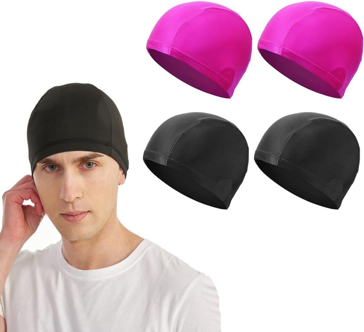 Set badmutsen - Uniseks mutsen - Bescherming haar - Rekbare stof - 4 stuks - Roze zwart