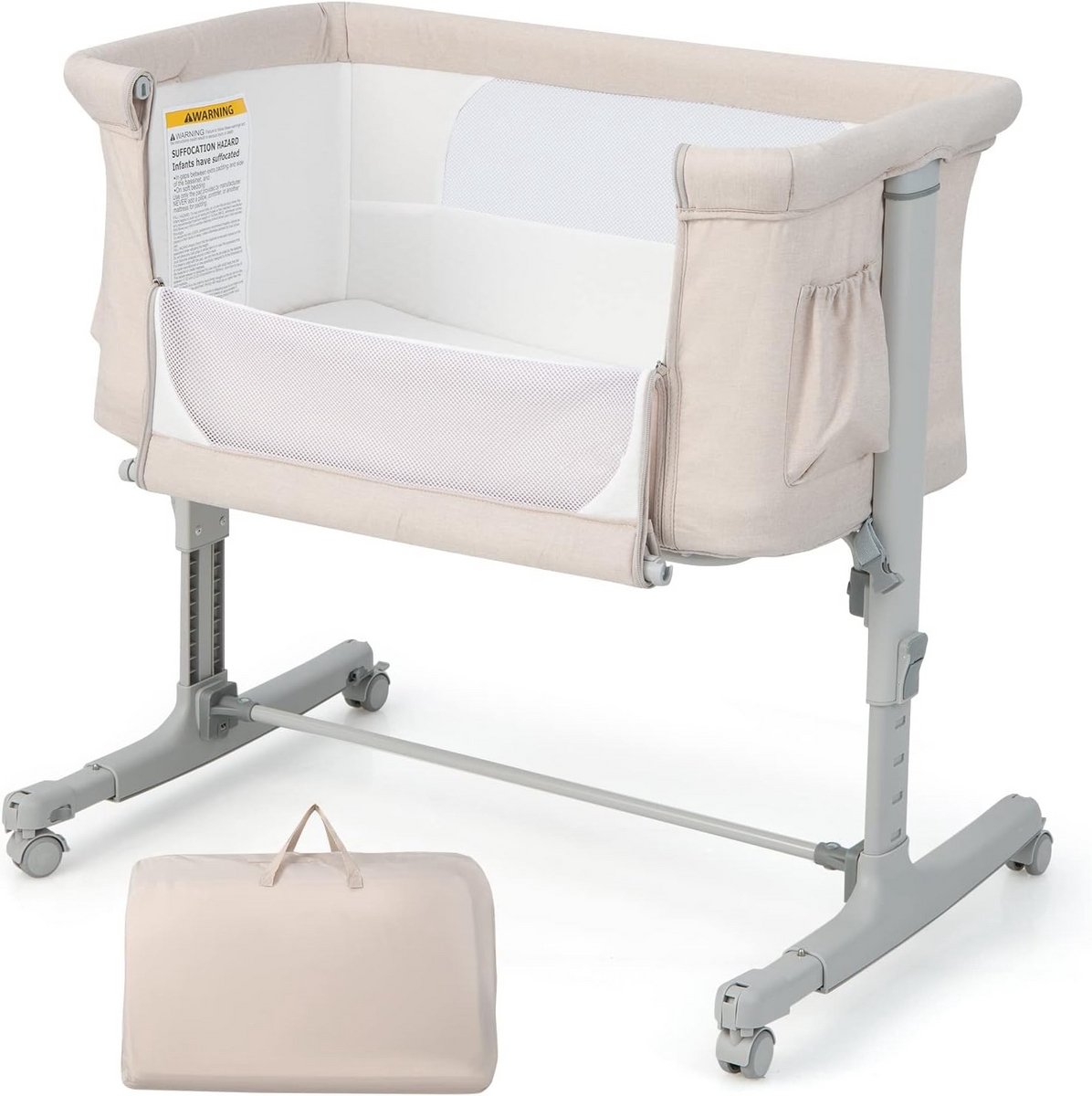 Baby bijzetbed - Wieg reisbed - Veilig slapen - 5-traps verstelbaar - 63 x 81 x 86 cm - Beige