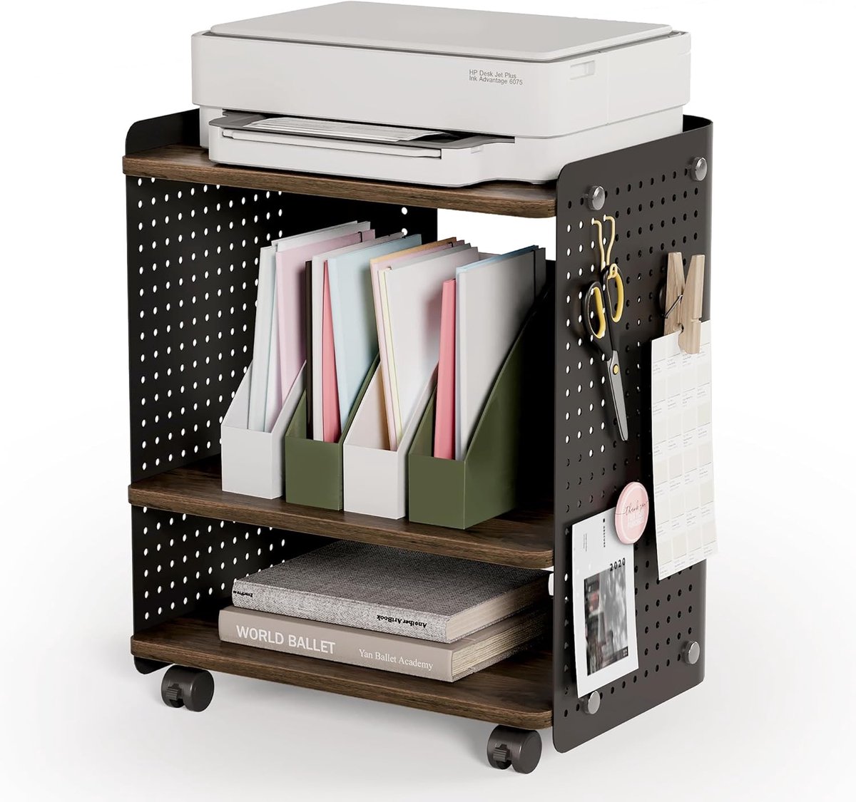 Mobiele Printerhouder - Printertafel Rolcontainer - Kantoor Organiseren - Verstelbare Planken - 45x33x53 cm - Bruin Zwart