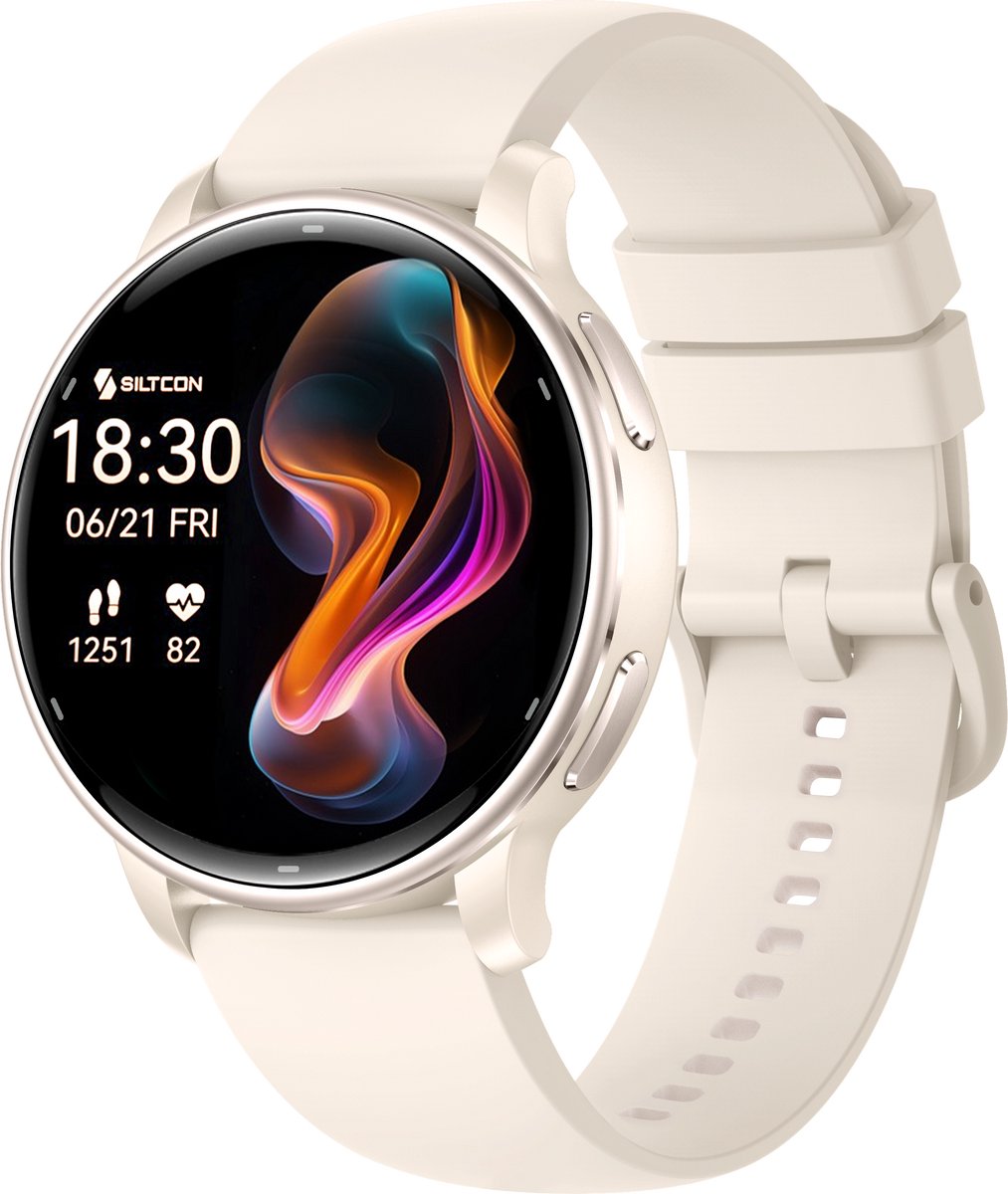 Siltcon® Auréa 2 - GPS Smartwatch Dames Beige Champagne Gold- Horloge Dames - Stappenteller Horloge Dames - Sporthorloge Dames - Hartslagmeter - Slaapmonitor - Saturatiemeter - Belfunctie - Universeel - AMOLED - RVS - Elke pols - Strava - 4 Bandjes