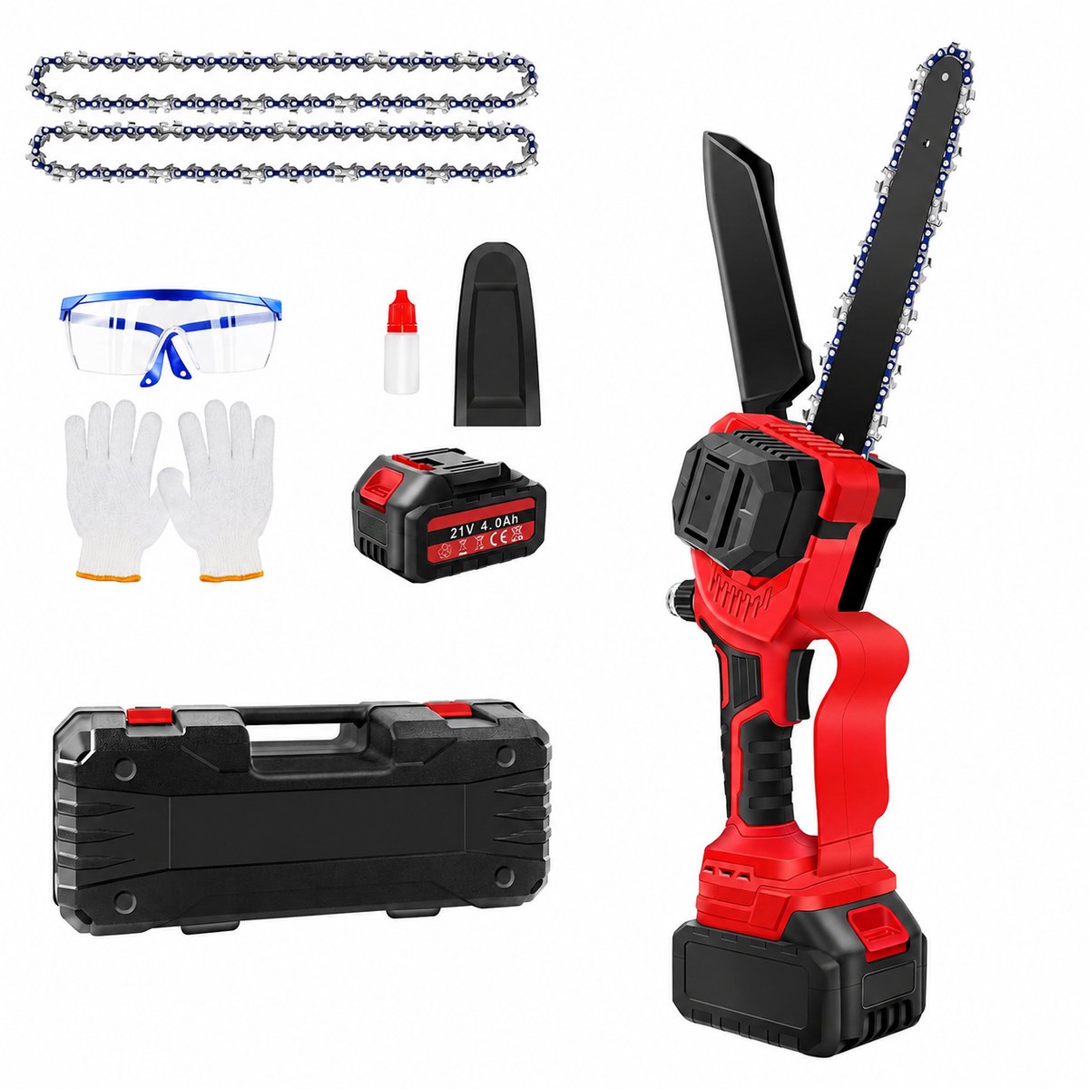 DIMICO - Kettingzaag Accu - Zaagmachines - Boomzaag Elektrisch - Mini Snoeizaag - Rood - 8 Inch - 2 Kettingen - 8800 TPM