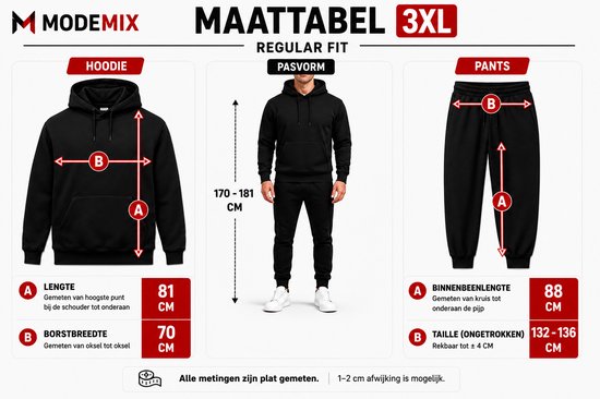 Maattabel voor heren trainingspak (maat 3XL) van Modemix, met afmetingen voor hoodie en broek. Incl. lengte, borstbreedte, binnenbeenlengte en taille.