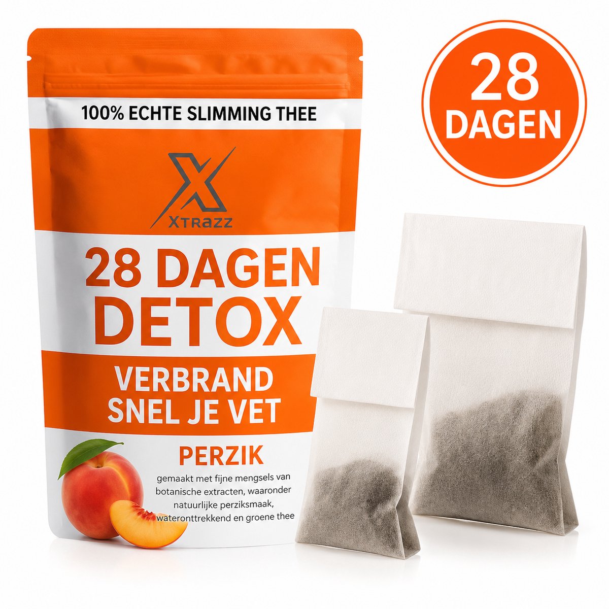 Xtrazz® Afslankthee Perzik - 28 Dagen – Kruidenblend met Groene Thee, Gember, Citroengras, Perzikaroma & Senna – Theeritueel voor Bewuste Voeding, Routine en Dagelijkse Keuzes