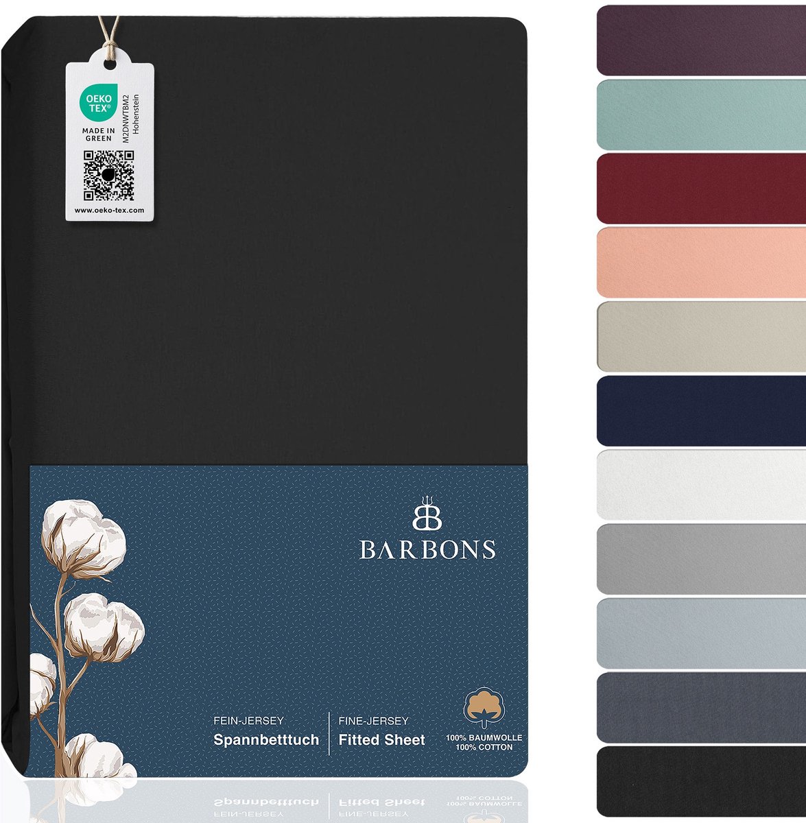 BARBONS hoeslaken 160x200 - hoeslakens Jersey 145 g/m² - 100% katoen - zwart
