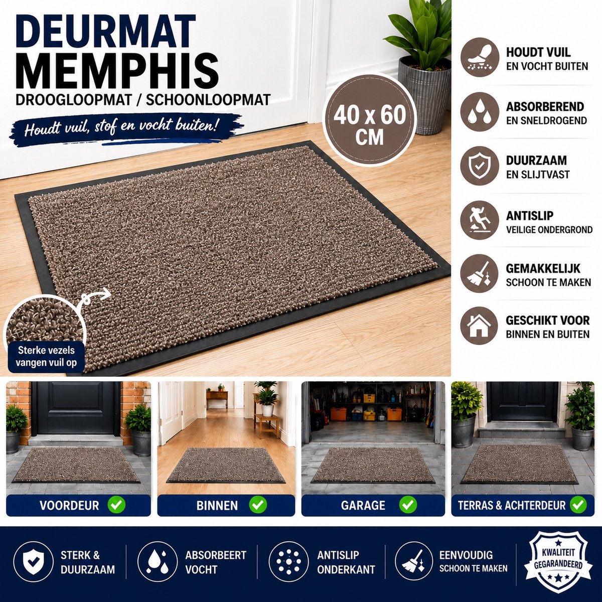 Wicotex - Deurmat - Droogloopmat Memphis Donkergrijs - Afmeting 40x60cm