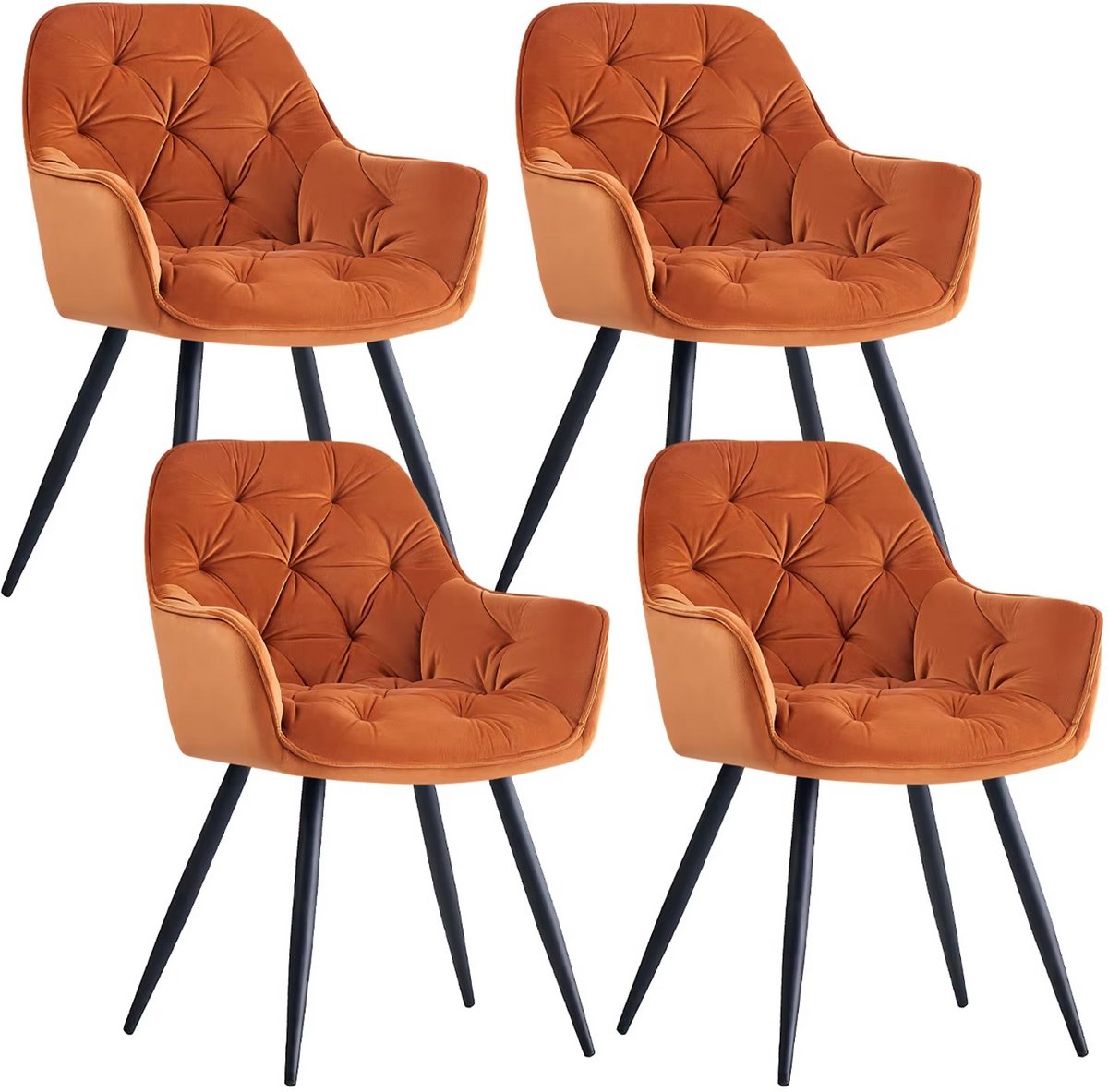 Whoopr® Set van 4 Fluwelen Eetkamerstoelen met Armleuningen – Gestoffeerde Stoelen met Dikke Zitting en Rugleuning – Moderne Accentstoelen met Metalen Poten – Voor Eetkamer, Woonkamer & Lounge Oranje