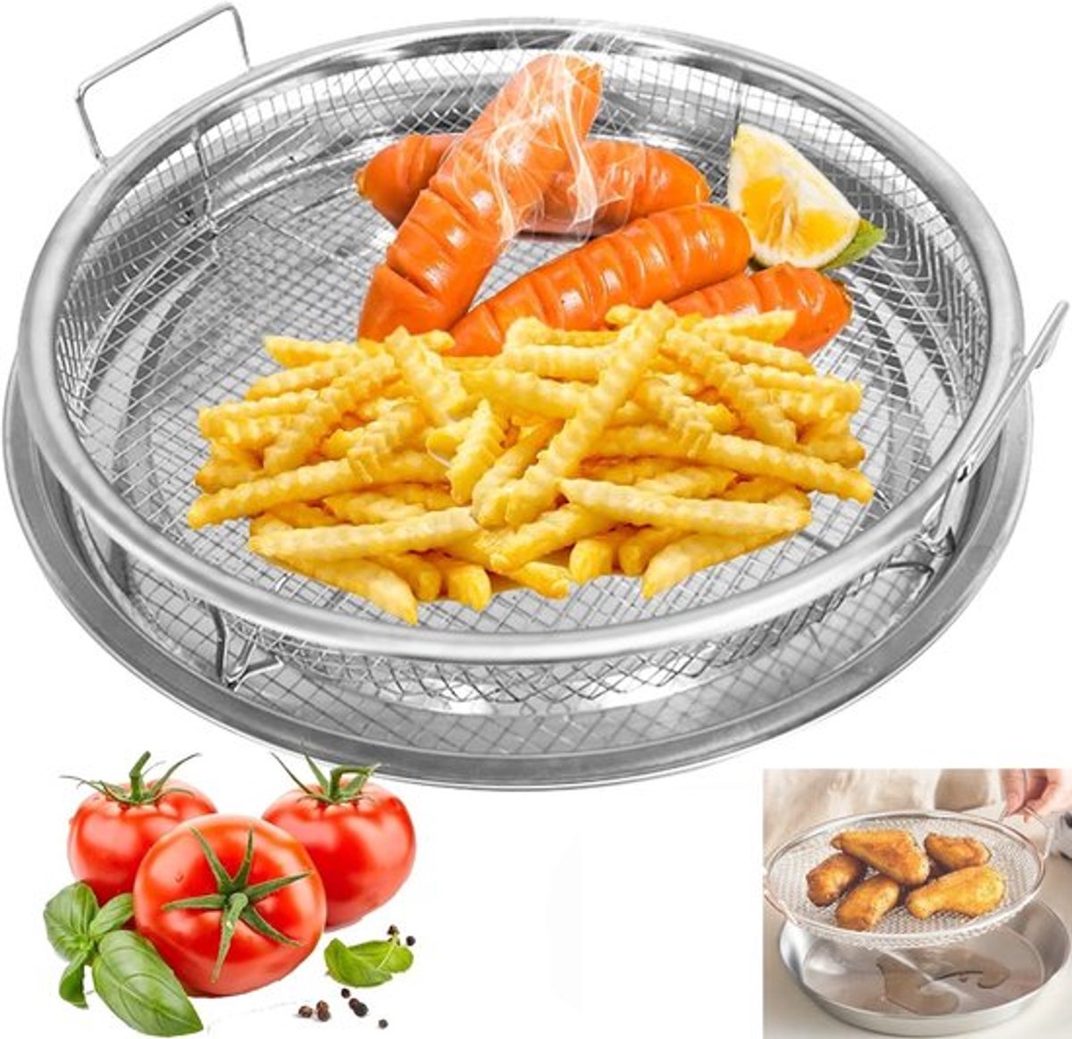 Airfryer Mandje - Set van 2 - 26cm - Oliefilterbak - Bakplaat - Voor Heteluchtoven Luchtfriteuse - Roestvrijstalen Filtergereedschap - Bakplaat Opvangbak