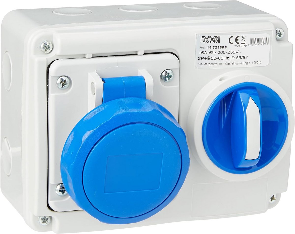 Vergrendeld stopcontact - Wandcontactdoos - Stroomvoorziening buiten - Waterdicht IP67 - 16A 2P+T - Grijsblauw