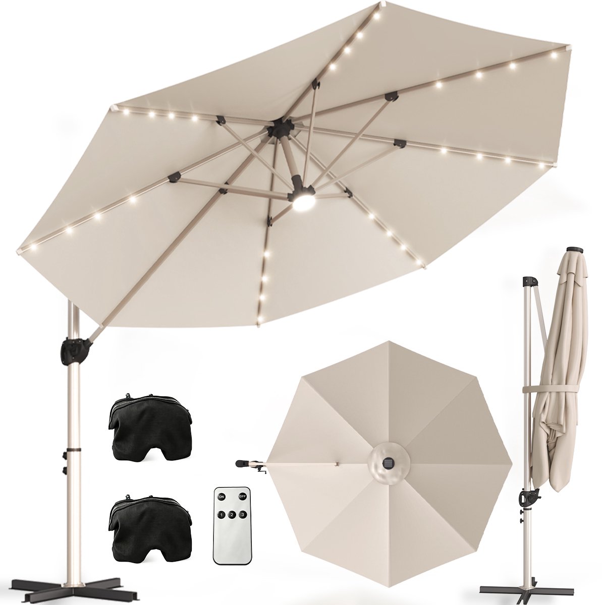 Zweefparasol met Voet 300 cm - Kantelbaar - Tuinparasol met LED-Verlichting op Zonne-Energie - Waterafstotend Polyester met UV-Bescherming - Kaki