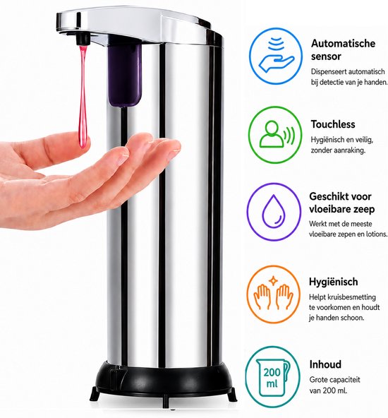 RVS zeepdispenser met paarse vulling, dispenses rode zeep in een hand, met uitleg "Automatische sensor".