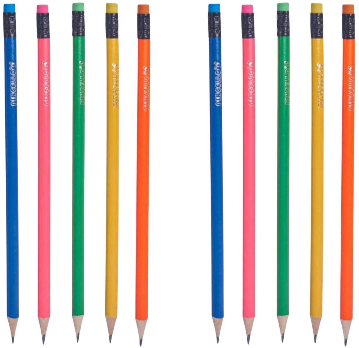 Pincello Teken potloden - 10x - multi colours - grijze punt - met end gummetje - schrijfbenodigdheden