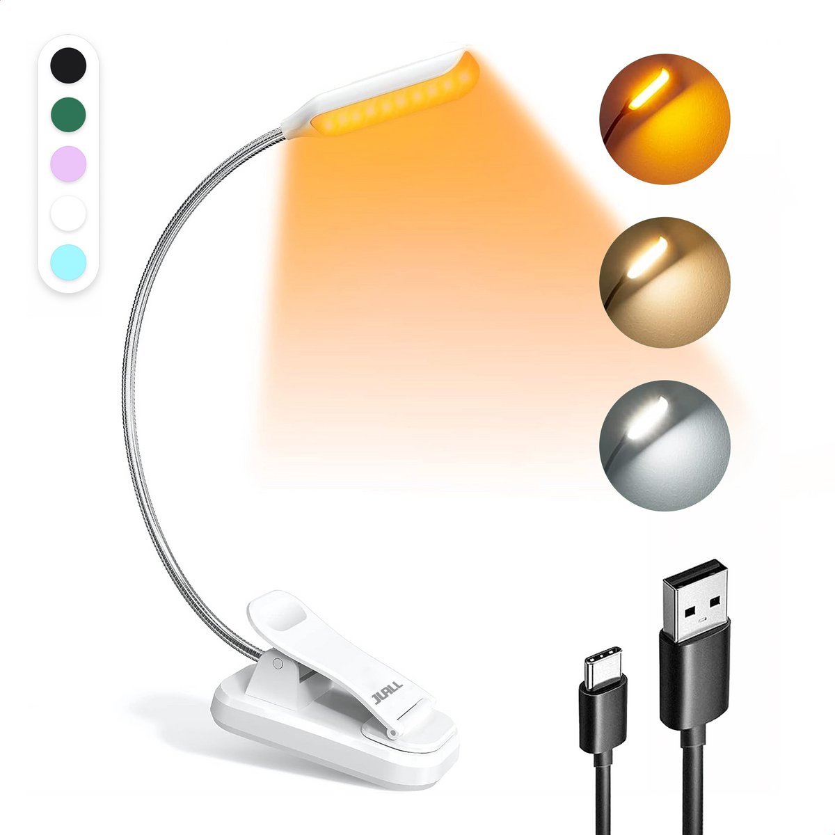 JUALL LED Leeslampje voor Boek - 9 Lichtstanden - Oplaadbaar Leeslampje voor in Bed - Boeklampje - Leeslampje met Klem - Bedlampje - Wit