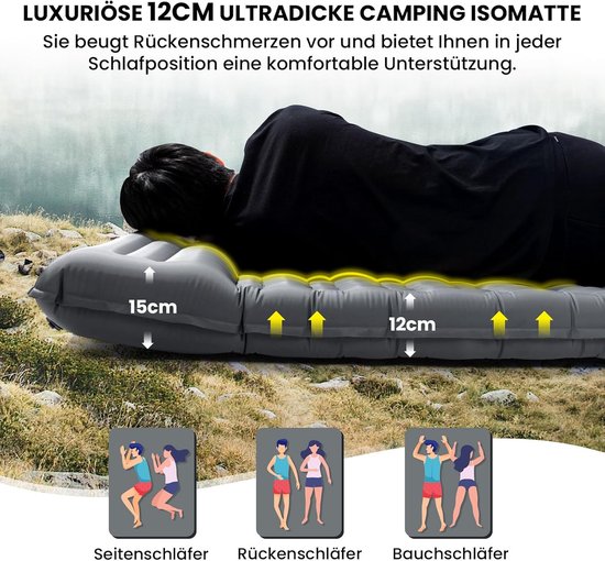 Dubbele Slaapmat - Luchtbed Camping - Outdoor Kamperen - Geïntegreerde Voetpomp - 12 cm Dik - Grijs — afbeelding 2
