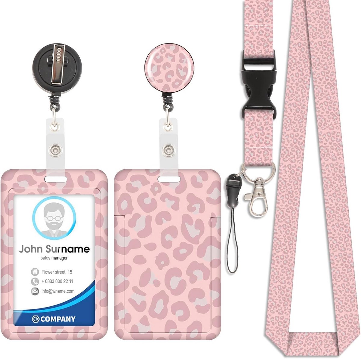 Kaarthouder Lanyard - Badgehouder Keycord - Toegangskaart Tonen - Uitschuifbare Kabel - 10.9 x 9.4 cm - Roze Luipaard