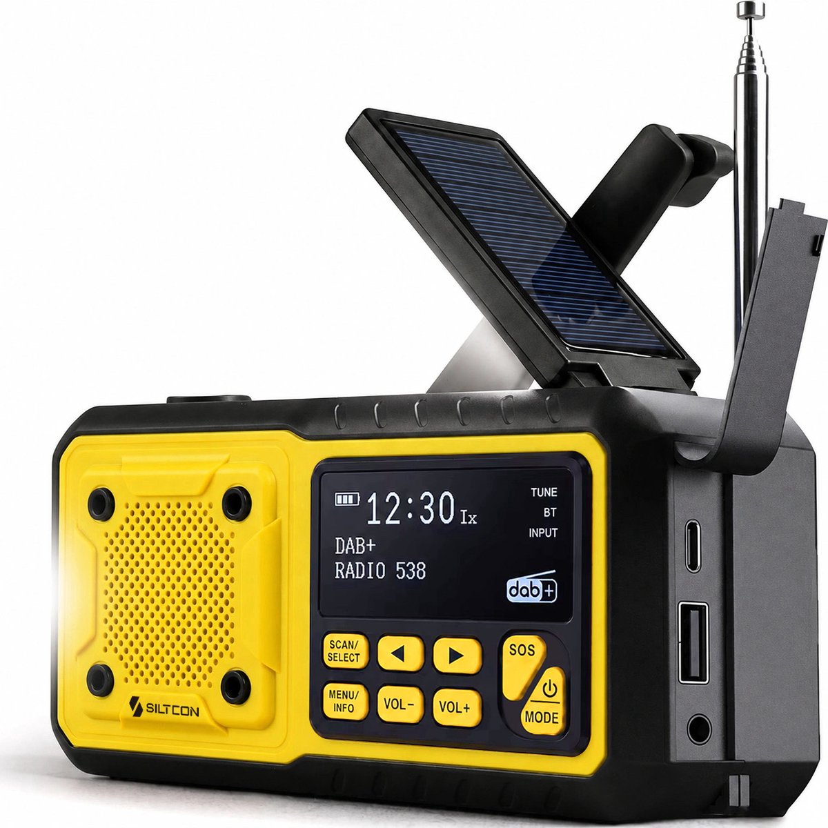 Siltcon® Noodradio Solar Opwindbaar - Solar Powerbank - 5000mAh - Radio DAB+/FM - Radio Noodpakket & Kamperen - Bluetooth + AUX - USB-A - USB-C - Zaklamp + SOS - Weeralarm - Thermometer - Compass - Incl. Oplaadkabels Telefoon & Waterdichte opberghoes