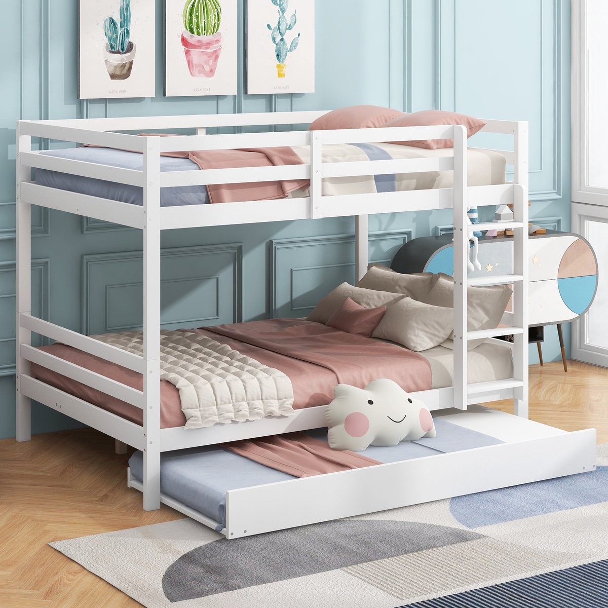 DESMIU Stapelbed 140x200 cm – Kinderbed met Uitschuifbed En Trap – Veilig Slaapcomfort – Ruimte Onderbed – Voor Kinderkamer – Grenenhout En MDF – Wit Zonder matras