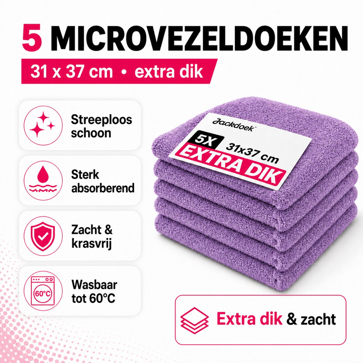 Jackdoek Classic Microvezeldoekjes - 5 pack - 31x37cm - Extra dik -Paars - Streeploos, Sterk absorberend en Wasbaar - Voor Glas, Tegels, Keuken, Badkamer, Auto, Beeldscherm
